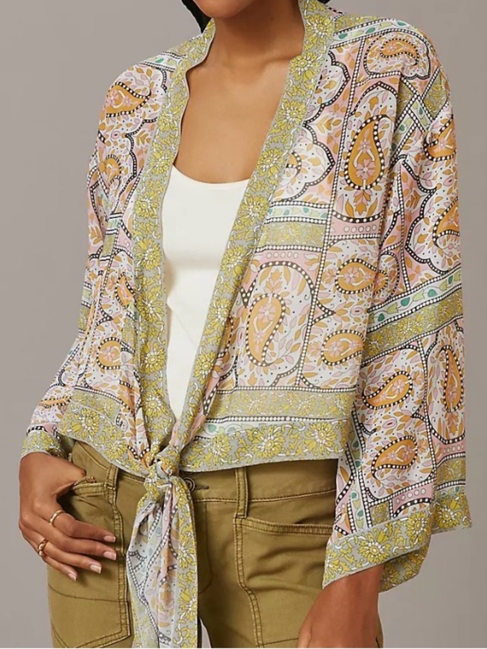 NWT Anthropologie boho festival sheer Paisley Tie-Front Kimono Chartreuse OS